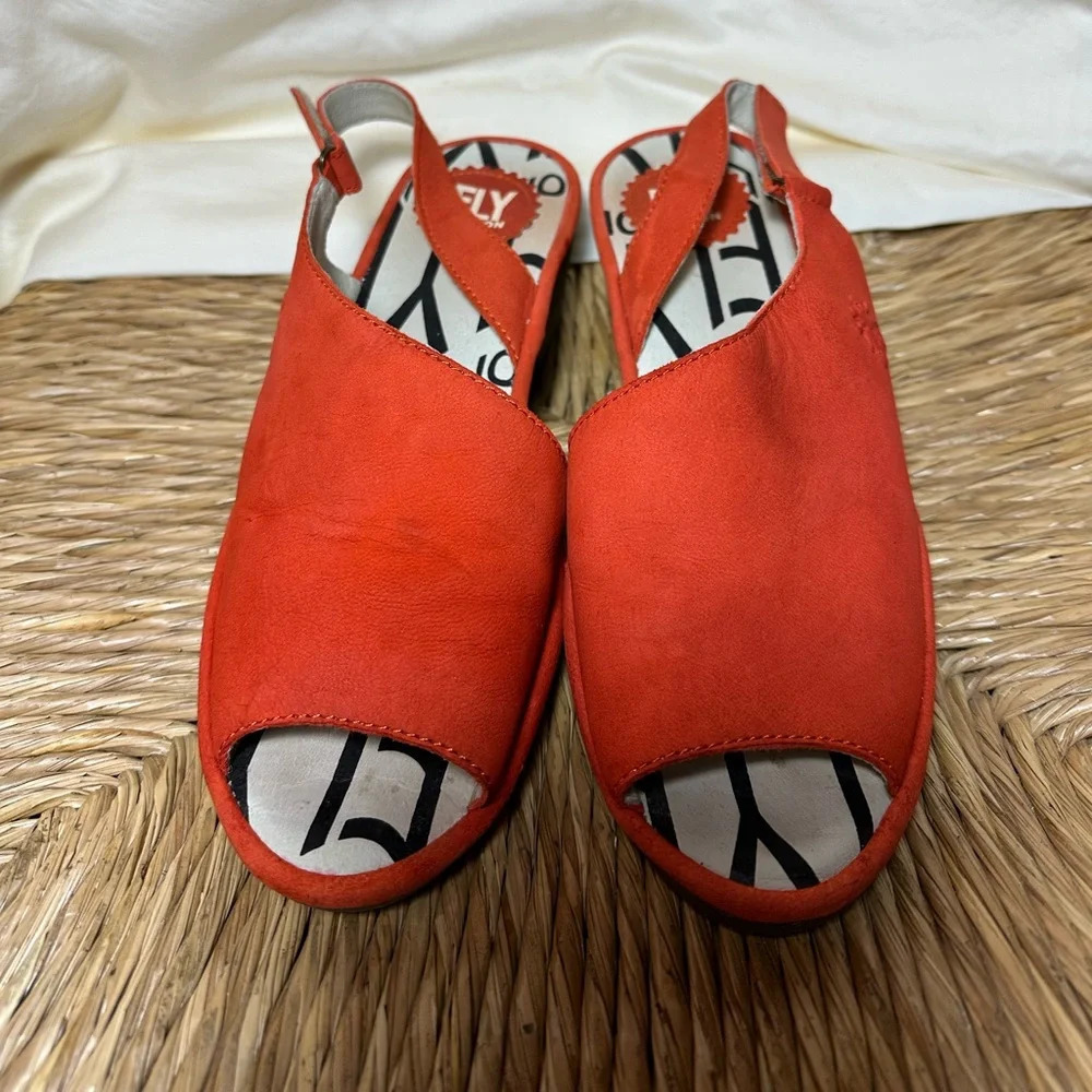 Fly London Palp Orange Nubuck Leather Slingback Wedge Sandal Open Toe Sz 38 US 7